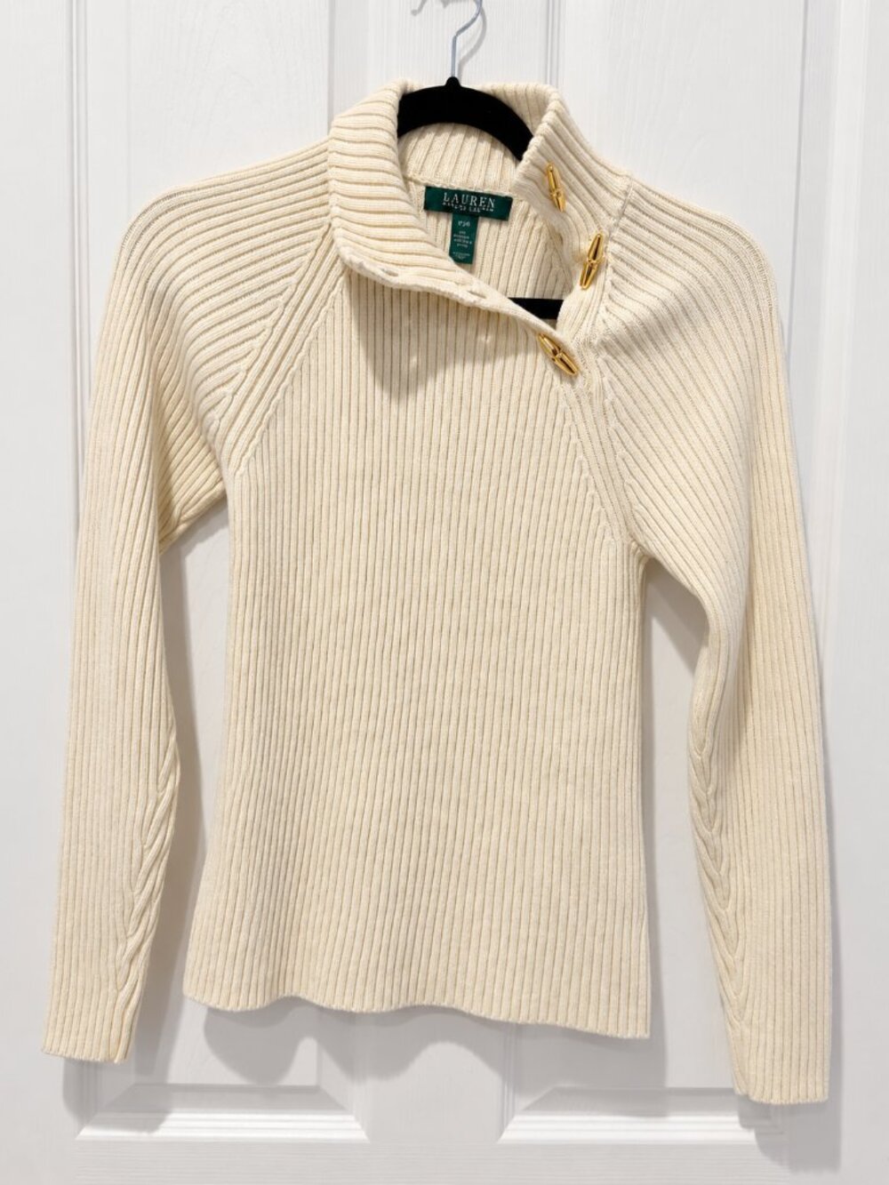 Lauren Ralph Lauren Cream Ribbed Roll Neck Quiet Luxury Fall Cotton Sweater P/M
